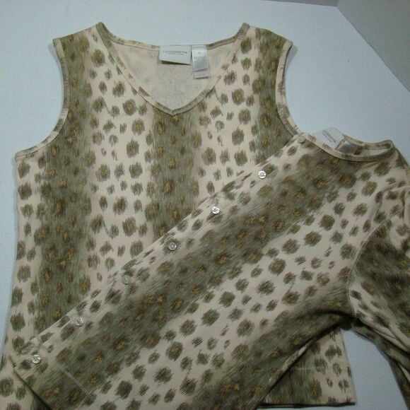 Liz Claiborne Olive Green and Cream Animal Print Twinset 100% Cotton Leopard - Picture 3 of 7